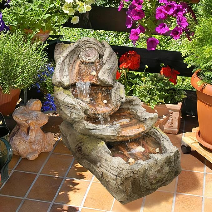 Sunlinua 31.5" L Outdoor Water Fountain with 3 Tiers Cascading Realistic Tree Trunk Waterfall Fountains with LED Lights Outdoor Water Fountain for Garden Patio Backyard Porch Home Decor