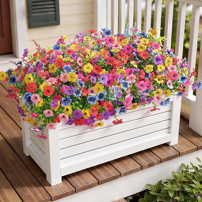 SHareconn 24 Bundles Artificial Flowers for Outdoors Decoration, Faux Plants Fake Silk Colorful Daisy Eucalyptus Lavender, UV Resistant for Outside Home indoor Spring Decor,RedRosyPurpleBlueYellowPink