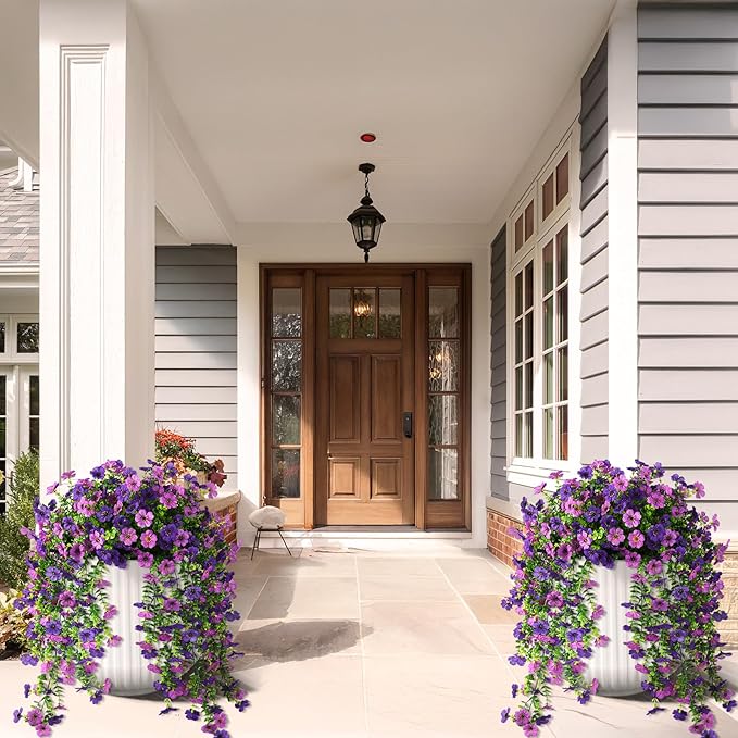 Artificial Hanging Flowers for Outdoors, 2 Pcs Fake Hanging Plant Spring Summer Decor, UV Resistant No Fade Faux Silk Daisy Flower for Planter Front Door Porch Patio Yard Garden(Double Purple)