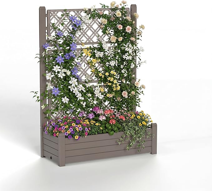 Elevated Raised Garden Bed with Trellis,Resin Planter Boxes Outdoor for Backyard Balcony,Large Patio Planter Box for Herbs Flowers Vegetables(Grey)