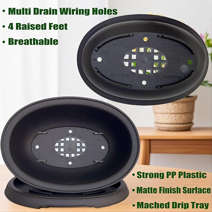 MUZHI 3 Pack Oval Bonsai Training Pot with Drainage Tray, Matte Finish Nursery Plastic Bonsai Planter with 25PCS 2inch Mesh pad (5.2" Small)