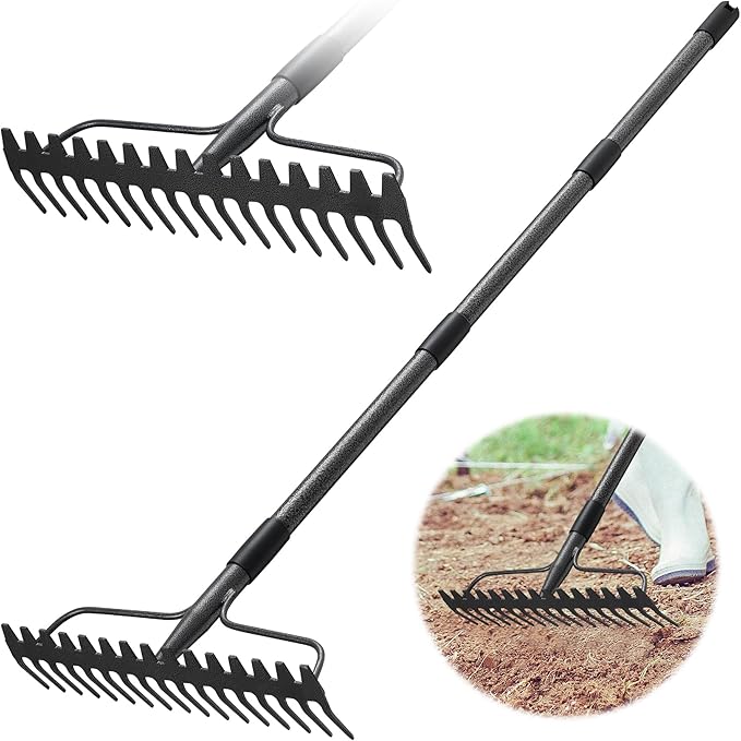 49'' Bow Rake Heavy Duty Garden Rake with Stainless Steel Handle, Tines Metal Head Rake Tool for Loosening Soil Gathering Leaf Leveling Lawn Farming Land Management Yarn Thatch Rake