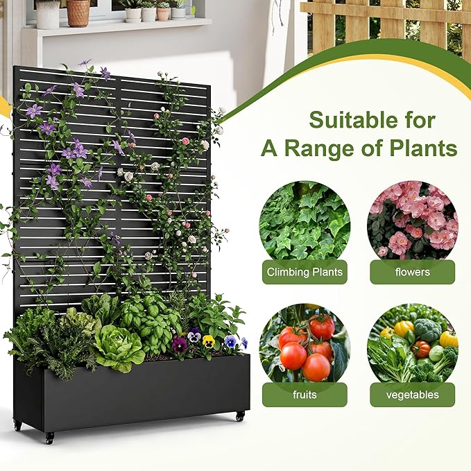 Casaphoria Metal Raised Garden Bed with Trellis and Wheels, 72"x47"x16" Planter Box for Climbing Plants, Vegetables & Vines, Features Drainage Holes and Privacy Screen (Black-Louvered)