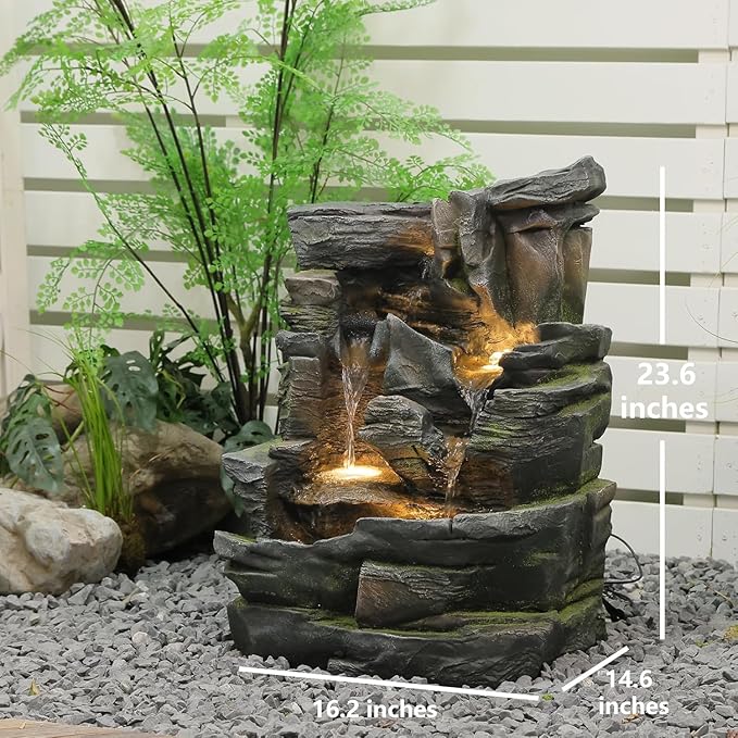 Sunlinua 23.6" H Outdoor Water Fountain with 5 Tiers Cascading Realistic Rock Waterfall Fountains with LED Lights Outdoor Water Fountain for Garden Patio Backyard Porch Home Decor