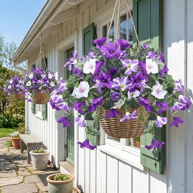 CEWOR 4pcs Artificial Flowers Plants for Outdoor Indoor, Fake Silk Flowers UV Resistant Faux Petunias Flower for Garden Front Door Porch Planter Patio Home Decor (Purple White)