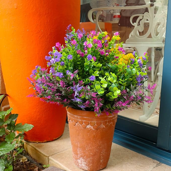 12 Bundles Artificial Fake Flowers Outdoor, 6 Styles UV Resistant No Fade Faux Plastic Greenery Shrubs Plants for Hanging Garden Porch Window Box Farmhouse Outside Decoration