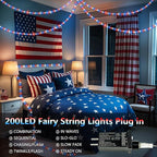 66Ft 200 LED Red White and Blue Fairy Lights Plug in, July 4th Waterproof String Lights 8 Modes with Timer for Indoor and Outdoor, American Flag Twinkle Lights for Independence Day, National Day