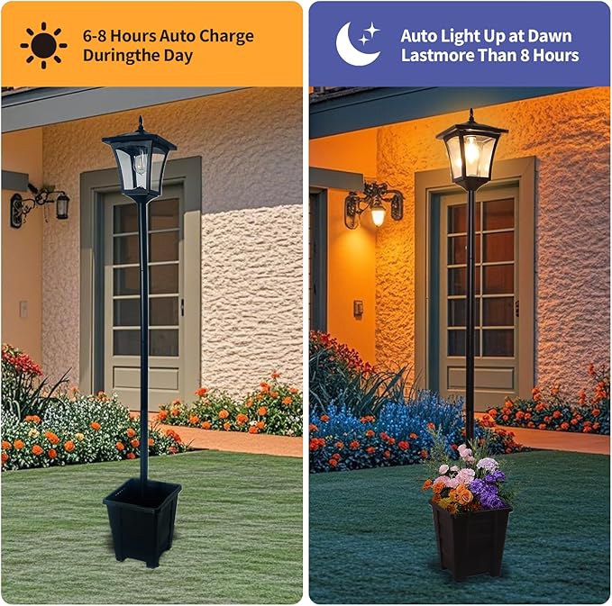 59" Solar Lamp Post with Planter 2-in-1, Solar Post Lights Outdoor Waterproof, Dusk to dawn Warm Yellow Lights, Outdoor Planter for Real or Fake Flowers, Solar Lights for Lawn, Patio, Front/Back Door