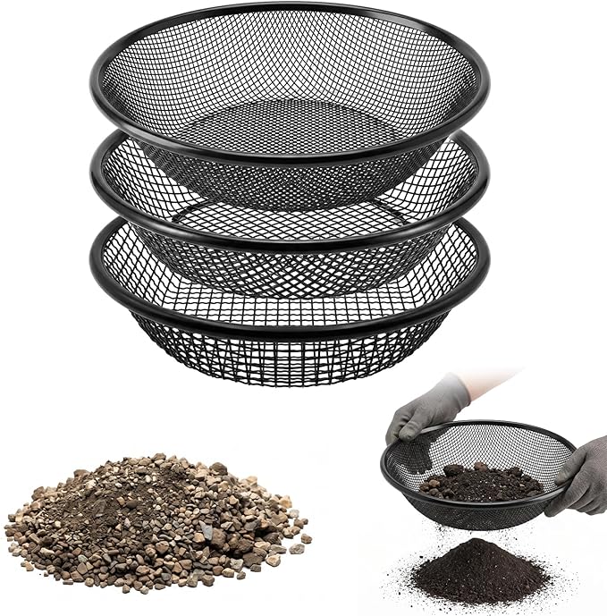 3PCS Soil Sifter for Gardening, 11.8" W Rock Sifter for 5 Gallon Bucket, 3mm/6mm/8mm Mesh Galvanized Steel Sifting Screen Dirt Sifter for Compost, Worm, Leaves, Sawdust, Rocks, Sand and Gravel