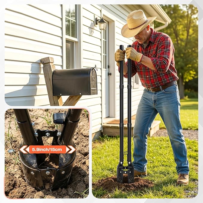 AugFir Steel Post Hole Digger, Durable Hole Digger with Metal Handle, Posthole Digger for Digging Fence or Post, Mailbox, Gardening and Planting