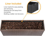 SUNNYPARK Brown Rectangular Planter Box All-Weather PE Rattan Large Modern Planters with Removable Liner Indoor Outdoor Decorative Flower Pot for Patio, Balcony, Garden
