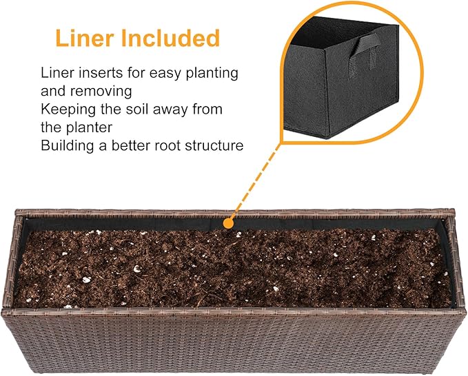 SUNNYPARK Brown Rectangular Planter Box All-Weather PE Rattan Large Modern Planters with Removable Liner Indoor Outdoor Decorative Flower Pot for Patio, Balcony, Garden