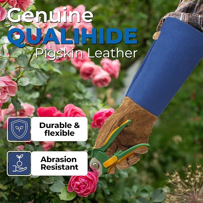 HANDLANDY Long Gardening Gloves for Men & Women, Pigskin Leather Rose Pruning Gloves, Breathable Thorn Proof Gauntlet Glove (Blue, XL)