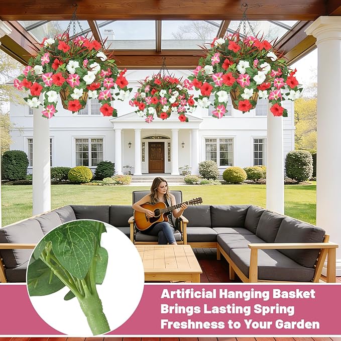 2 Pack Artificial Flowers Hanging Baskets for Outdoors, 10 PCS UV Resistant Faux Outdoor Plants, Fake Petunias Silk Flowers for Garden Balcony Yard Porch Decor (White Red Pink)