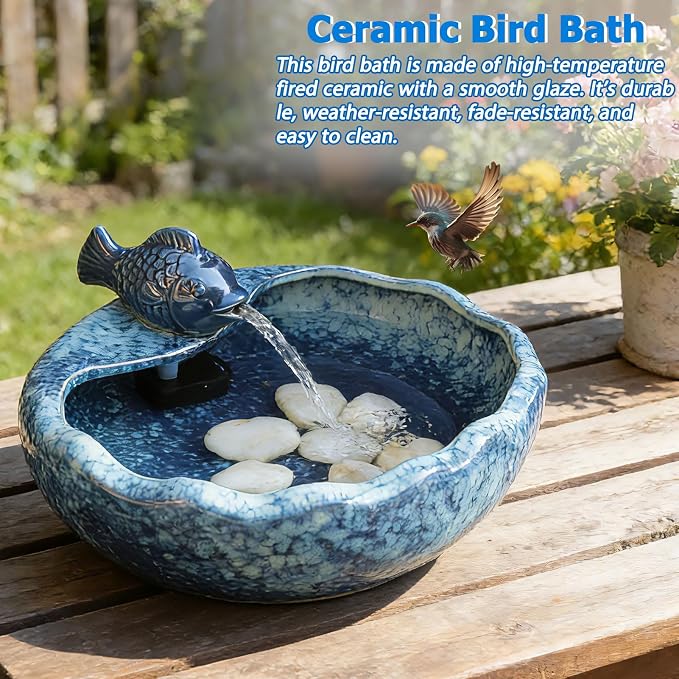 Ceramic Solar Fountain Bird Bath with Battery Backup,Bird Bath for Outside,Bird Bath Bowl for Garden, Patio & Yard Decor,Working at Night for at Least 6 Hours (Koi Fish).