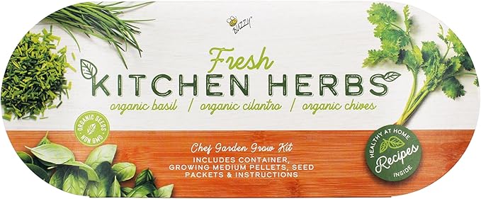 BUZZY Seeds Organic Windowsill Grow Kit, Copper Culinary Herb Garden with Basil, Cilantro and Chives, Indoor Starter Set with Seed Packets and Growing Medium, Holiday Present, Gardening Gift