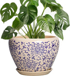 Ceramic Pots for Plants - 8 Inch Plant Pot with Drainage Hole and Saucer, Modern Flower Pots for Indoor Outdoor Plants, Round Decorative Planter, Bedroom Decor, Plant Lover Gift, Retro Blue