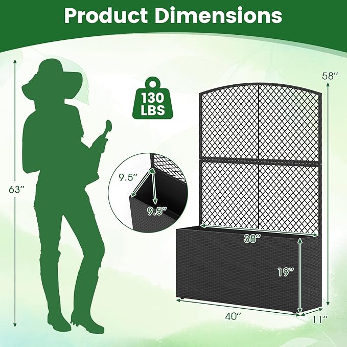 Happygrill Raised Garden Bed with Trellis, 58" Wicker Planter Box with Privacy Screen, Liner, Drainage for Patio Balcony, Outdoor PE Rattan Elevated Garden Bed for Climbing Plant Vine Flower (Black,1)