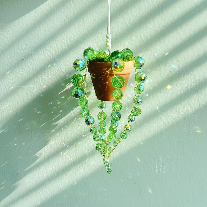 Bling Suncatcher String of Beads Plant Hanging, Handcrafted Crystal Succulent Sun Catchers for Window Hanging, Gardenn Crystal Sun Catcher Plant Lover Gift Mom Gifts (Green)