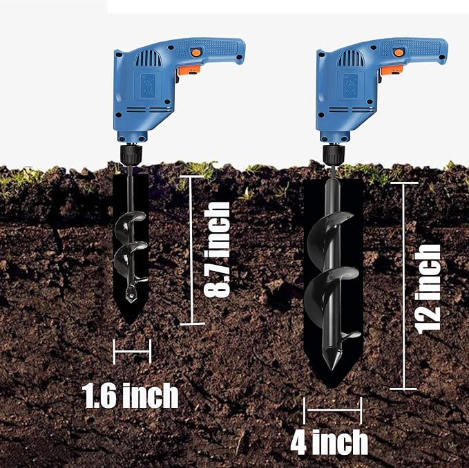 Auger Drill bit for Planting 1.6x8.7& 4x12 Garden Auger Spiral Drill Bit,Bulb & Bedding Plant Augers,Plants Drill bit for 3/8” Hex Drive Drill