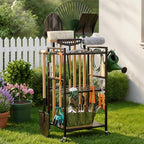 SPACECARE Garden Tool Organizer with Wheels, Yard Tower Rack for Garage Organization and Storage, Up to 35 Long-Handled Tools/Rakes/Brooms, Heavy Duty Steel Garden Tool Stand for Shed, Outdoor, Black
