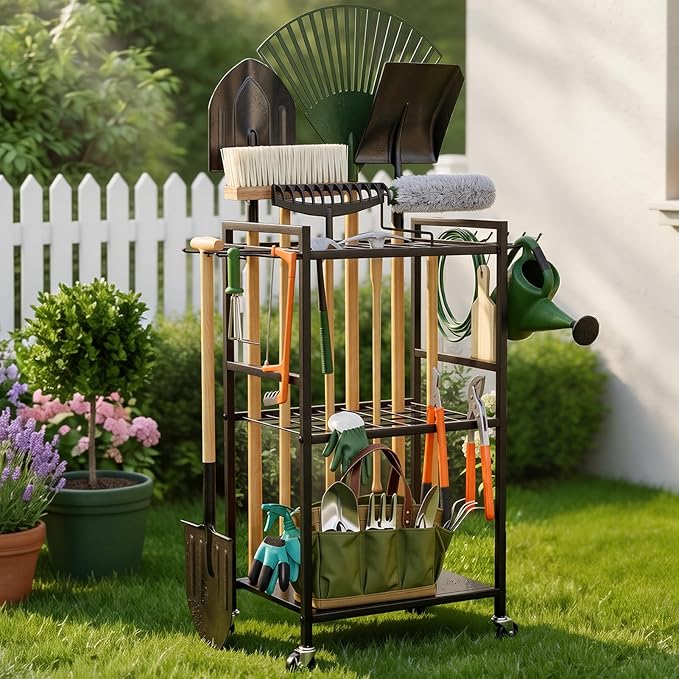 SPACECARE Garden Tool Organizer with Wheels, Yard Tower Rack for Garage Organization and Storage, Up to 35 Long-Handled Tools/Rakes/Brooms, Heavy Duty Steel Garden Tool Stand for Shed, Outdoor, Black
