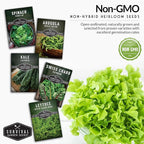 Leafy Greens Seeds Variety Pack – 5 Heirlooms: Viroflay Spinach, Arugula, Lacinato Kale, Salad Bowl Lettuce & Rainbow Swiss Chard – Cool Season Garden Collection - Survival Garden Seeds