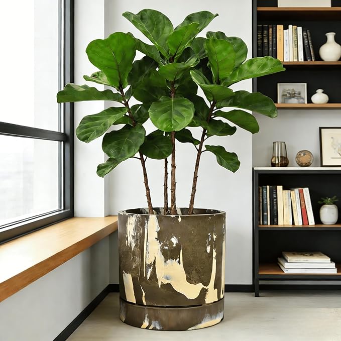 GreenShip 13.7″ Cylinder Planters with Drainage Hole and Planter Saucer, Jun Porcelain Clay & Recycled Resin, Decorate Home,Office & Outdoor
