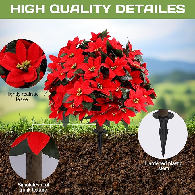 Artificial Poinsettia Topiary Ball Tree 27" with Ground Spike, Set of 2 Artificial Boxwood Bushes for Faux Shrubs, Fake Evergreen Faux Plant for Indoor Outdoor Porch Garden- UV Resistant – Fade-Proof