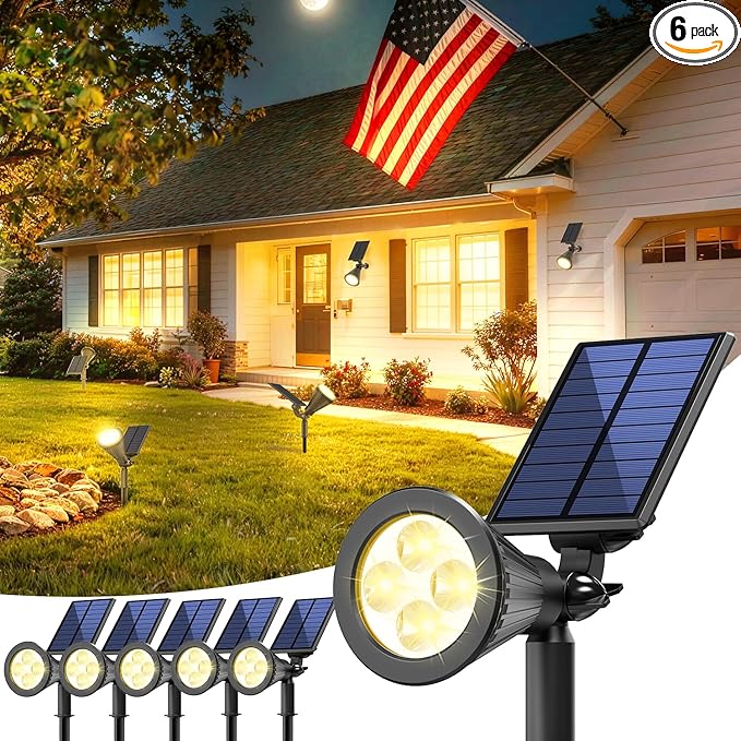 6 Pack Solar Lights Outdoor Waterproof IP65,Warm White Light,2 Lighting Modes,Solar Powered Spotlights for Yard Garden Solar Spot Lights for Flag Landscape Auto On/Off