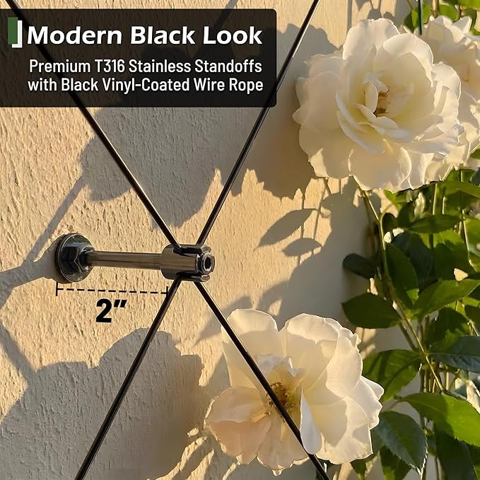 20-Set Black 5/64" (2mm) Wire Trellis for Climbing Plants Outdoor with 98ft Vinyl Coated Cable, T316 Stainless Steel Wall Wire Trellis Kit