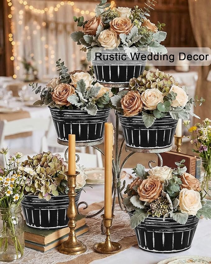 vensovo 8 Inches Black Metal Rustic Plant Pots - 6Pcs Shallow Galvanized Planters with Drain Hole and Rubber Plug, Rustproof Tin Bucket Succulent Pot Indoor Farmhouse Vintage Style for Decor