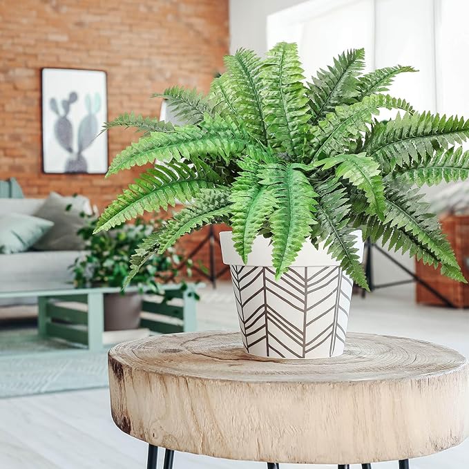 Fake Ferns Potted Plant, Artificial Boston Ferns in Pot, 24 Leaves for Outdoors & Indoor Faux Boston Bush Plant Artificial Greenery Patio Garden Farmhouse Windowsill Porch Home Decor