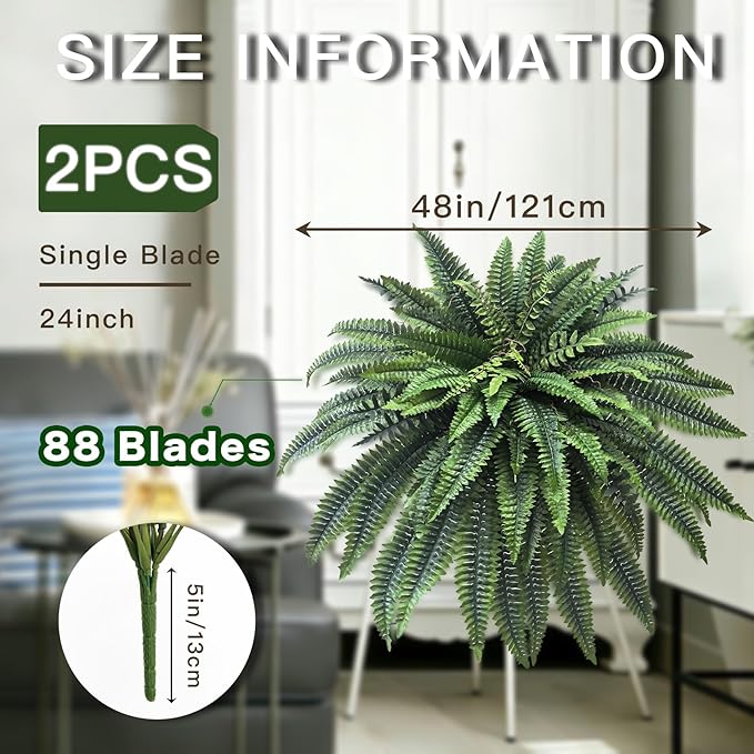 Senjie Artificial Boston Fern 2 Set Large 88 Branches Fake Ferns for Outdoors 48Inch Faux Plant for Home Living Room Office Decor