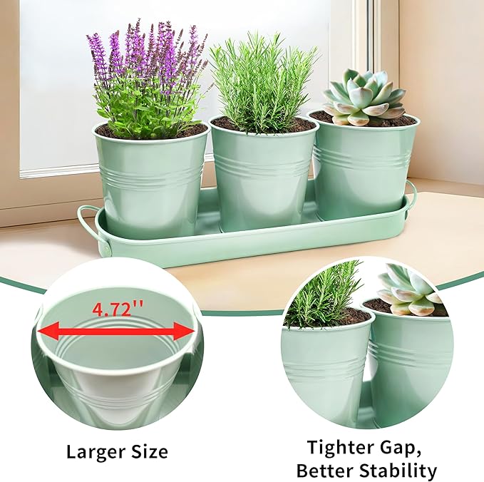 TCBWFY Indoor Herb Garden Planter Set - 3 Pack 4.7" Green Metal Plant Pots with Drainage Holes & Removable Tray - Windowsill Kitchen Counter Balcony Office Garden