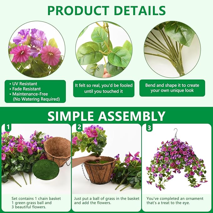 Homsunny Artificial Hanging Fake Flowers with Basket Plants for Outdoor Decoration, Faux Silk Flower UV Resistant Morning Glory for Home Porch Patio Garden Balcony Yard Look Real (Light Purple)