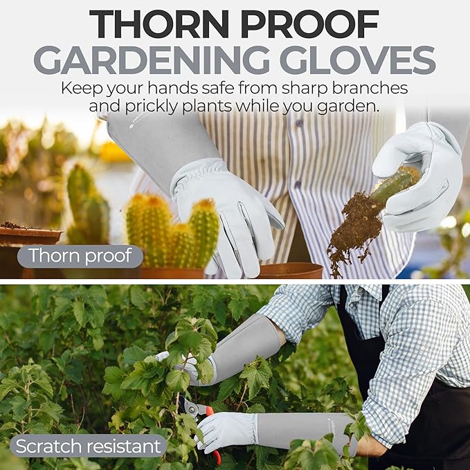 HANDLANDY Long Gardening Gloves for Men & Women, Thorn Proof Rose Pruning Gloves Leather Gauntlets Garden Glove Yard Work Glove (Silver Gray, Small)