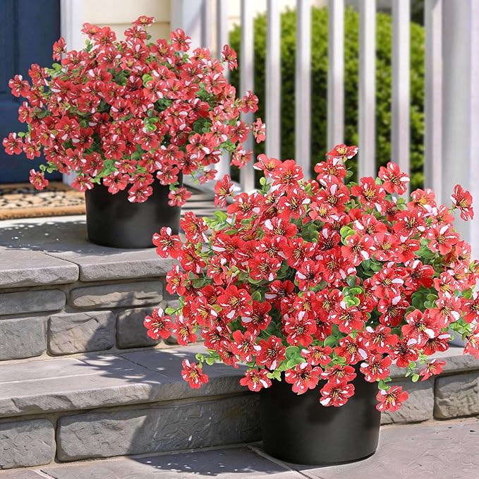 Artificial Morning Glory & Eucalyptus Topiary Trees - Set of 2 Faux Silk Flower Potted Plants, UV-Resistant Fake Outdoor Morning Glory Bushes for Front Door, Yard, Farmhouse, Garden Decor (Red)