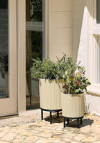 Veradek Demi Series Round Planter w/Stand for Porch/Patio | Durable Plastic-Stone Composite & Wooden Stand | Modern Décor for Tall Plants, Flowers