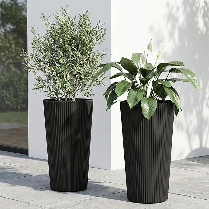 23.6" H Tall Planters for Outdoor Plants, 2 Pack Large Outdoor Planters for Front Porch Decor with Drainage Hole, Plastic Striped Flower Pots Fits Indoor Plants Patio Garden, Black