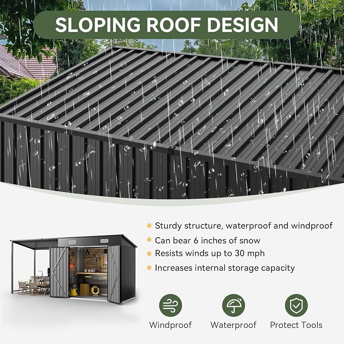 Aoxun 6x4FT Outdoor Storage Shed & Hardtop Gazebo Combo with Magnetic Sensor Lights, 12x4FT Metal Lean to Shed with Pergola, 2-in-1 Durable Garden Tool Shed for Patio, Backyard, Deck