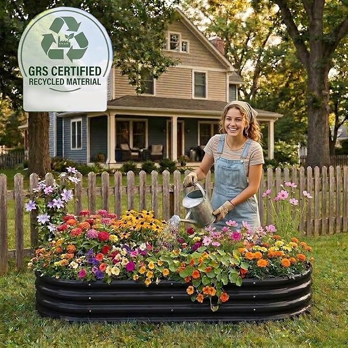 Rakukiri Raised Garden Bed GRS Certified Galvanized Planter Box Outdoor, 8ft Oval Rot-Resistant Metal Garden Bed Planter, Recycled Material Planter for Vegetables Flowers Herbs (Black)