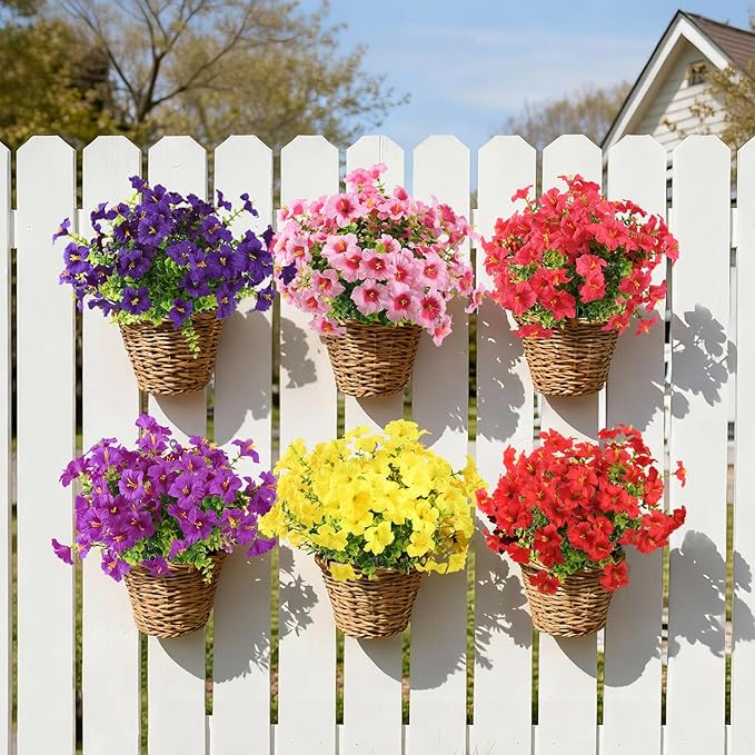 INQCMY Artificial Fake Petunias Flowers for Outdoors Spring Summer Decoration, 12 Bundles Faux Plants Outdoor UV Resistant Realistic Silk Flower for Outside Planters Patio Porch Yard Window Box