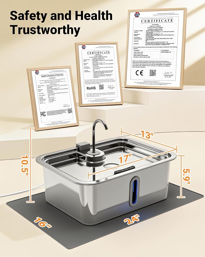 15L/4Gal Large Dog Water Fountain with Pet Feeding Mat & 3 Filters, Stainless Steel Pet Water Fountain for Dogs Cats, Dog Water Bowl Dispenser with Visible Window, Alert Light, Quiet Pump