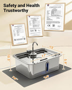15L/4Gal Large Dog Water Fountain with Pet Feeding Mat & 3 Filters, Stainless Steel Pet Water Fountain for Dogs Cats, Dog Water Bowl Dispenser with Visible Window, Alert Light, Quiet Pump