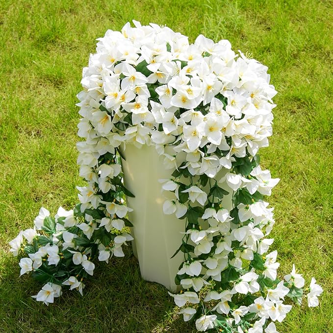 ATTGREAT Artificial Bougainvillea for Outdoors Faux Plants UV Resistant Flowers Fake Plastic Plants Realistic Silk Flowers for Porch Planter Garden Outside Hanging Decoration, 2Pcs (White)