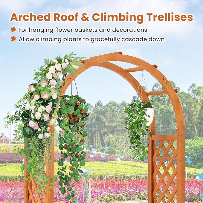 HAPPYGRILL Raised Garden Bed with Trellis, Wooden Elevated Planter Box w/Ached Roof & Detachable Bottom Panels, Liner, Drainage, Indoor Outdoor Wood Planter for Climbing Plants Vine Flower (1)