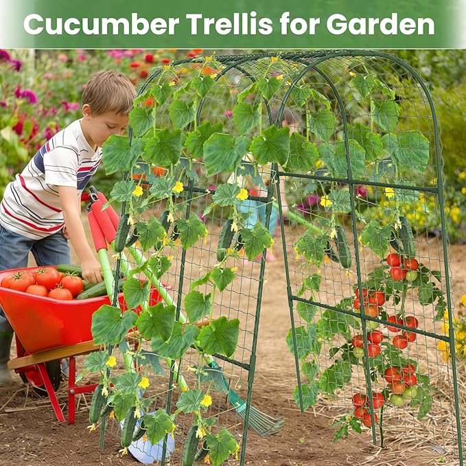 Cucumber Trellis, Metal Garden Arch Trellis for Raised Bed, 32 x 48inch U-Shape Garden Trellis for Climbing Plants Outdoor, Vegetables Fruit Plant Support with Netting, Gardening Supplies (Green)