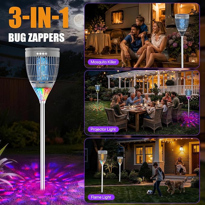 Rossetta Solar Bug Zapper Outdoor, Mosquito Zapper with Flame Lamp & Projector Light, 4200V Electric Fly Zapper Waterproof Rechargeable Mosquito Killer, Cordless Fly Trap for Patio, Backyard, Garden