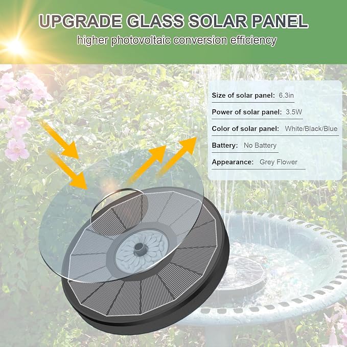 Yzert Solar Fountain for Bird Bath Direct Sunlight High Efficiency 3.5W Glass Panel Solar Water Fountain Outdoor Garden Flower (Black)
